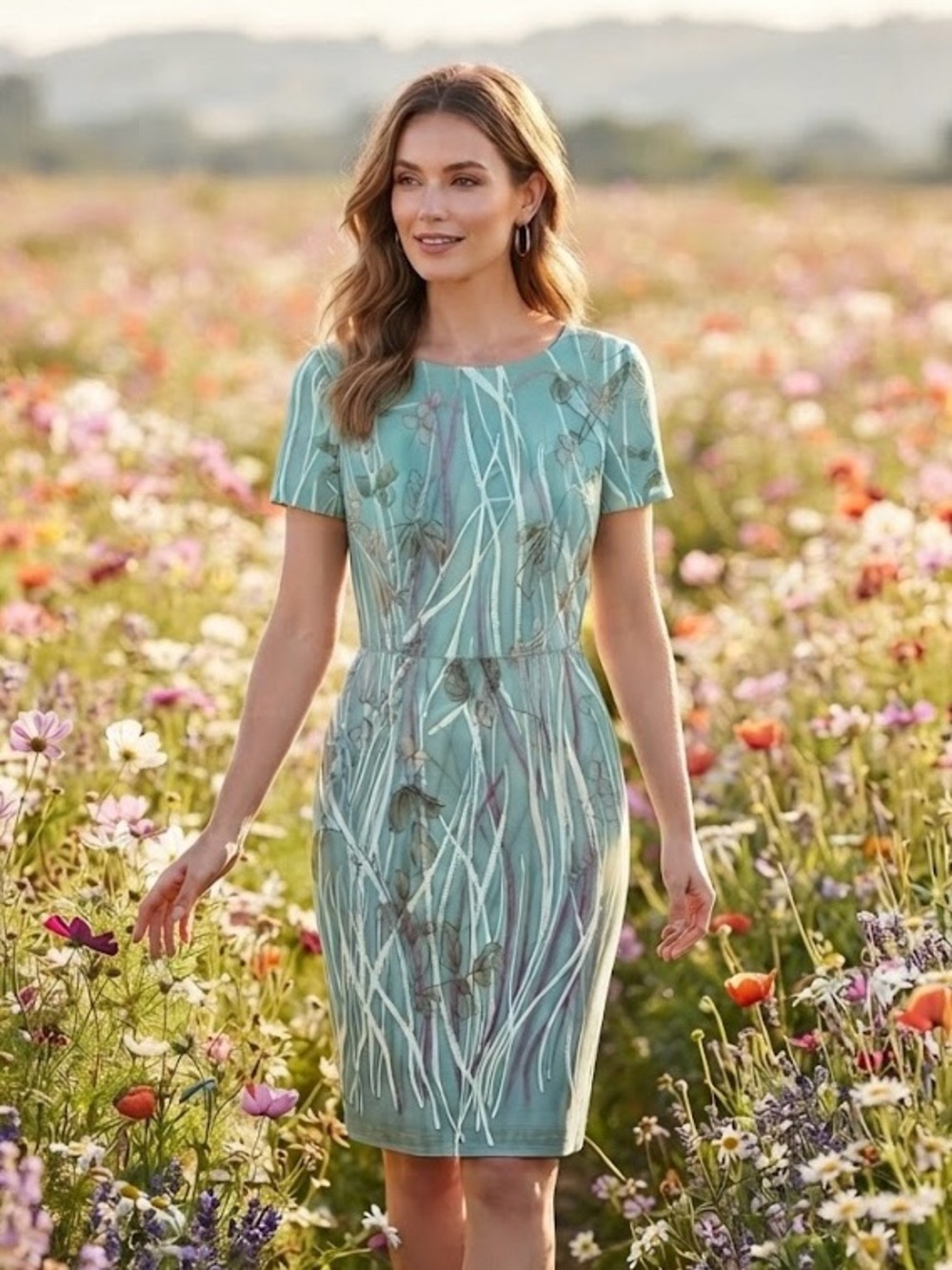Sophisticate Sage Teal Green Botanical Midi Dress Cottagecore Whimsical Leaves 4